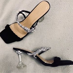 SEXY BLACK FAUX SUEDE SLIDES WITH CLEAR HEEL AND RHINESTONE STRAP